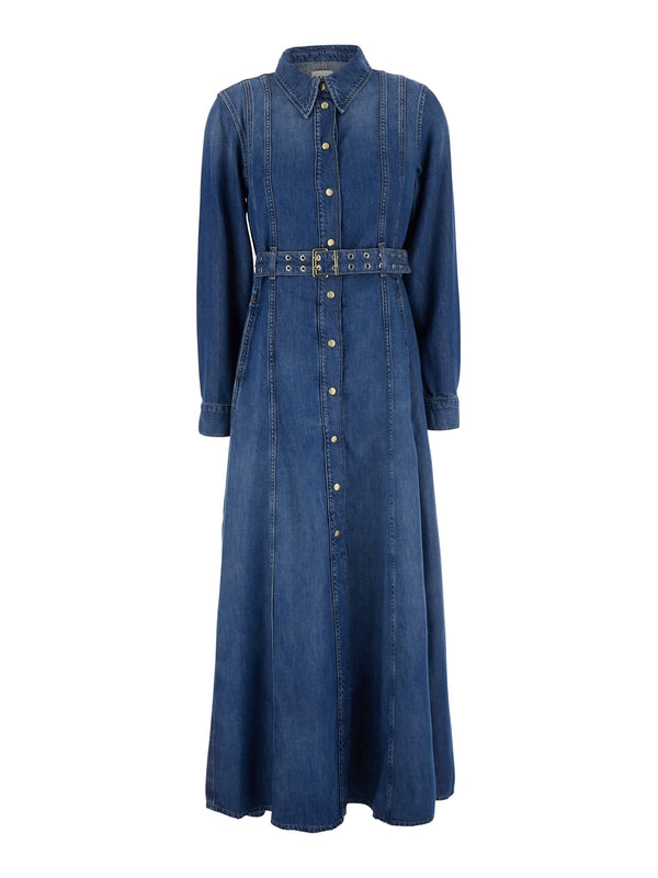 Belt-Detail Denim Long-Sleeve Dress