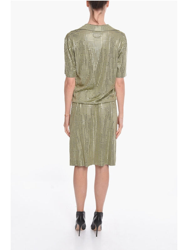 Allover Mirror Sequin Silk Open Collar Dress