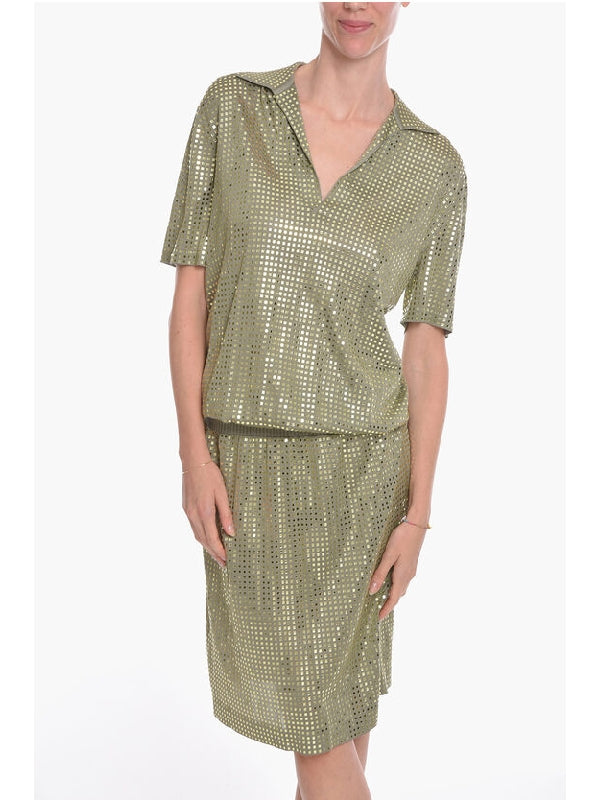 Allover Mirror Sequin Silk Open Collar Dress