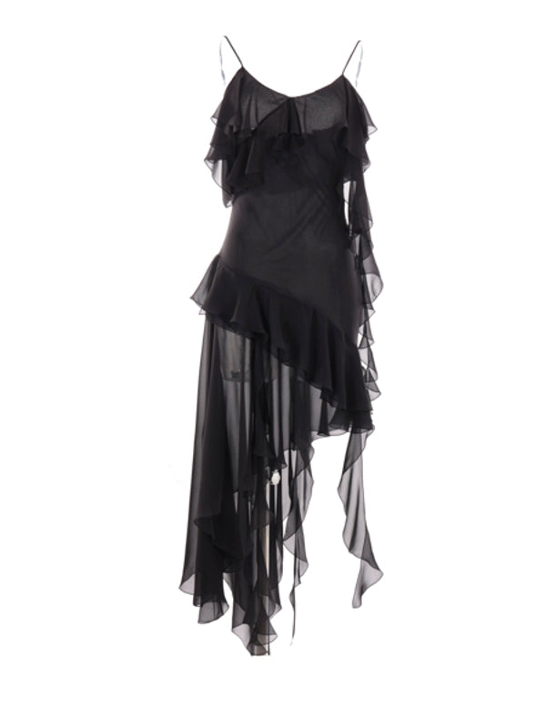 Asymmetric Ruffle Silk Dress