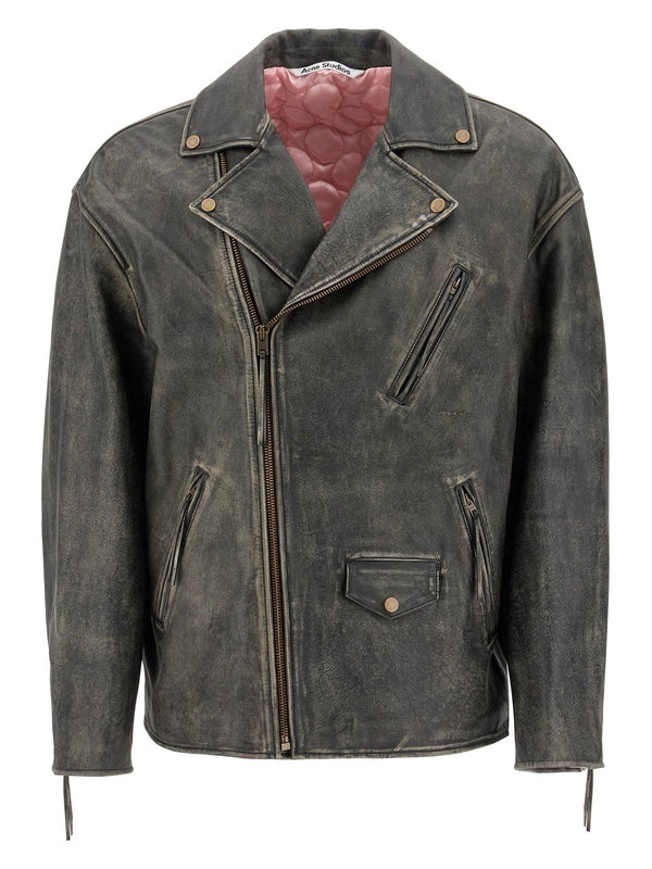 Logo Embossed Leather Biker Jacket