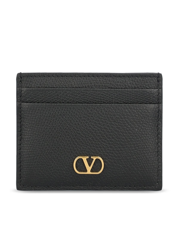 V Logo Leather Card Wallet