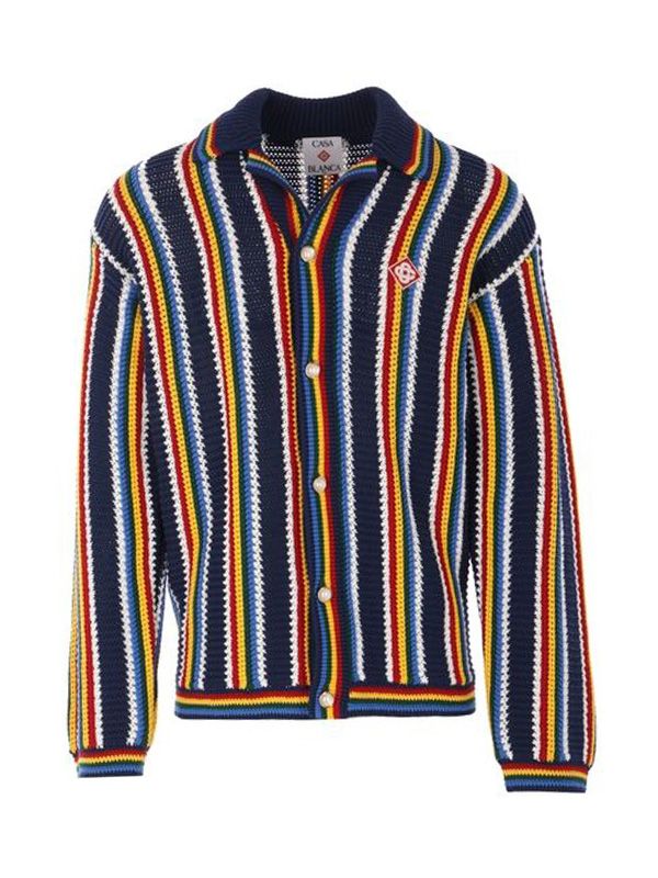 Logo Patch Stripe Cotton Nylon Cardigan