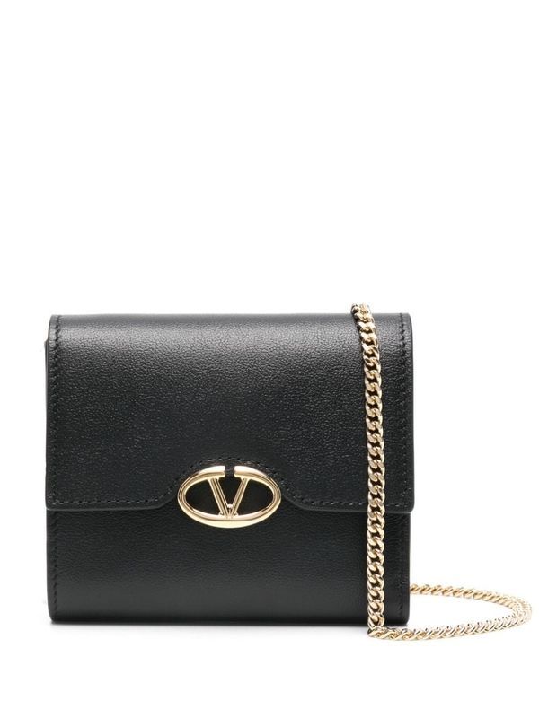 V Logo Embellished Chain Leather Wallet