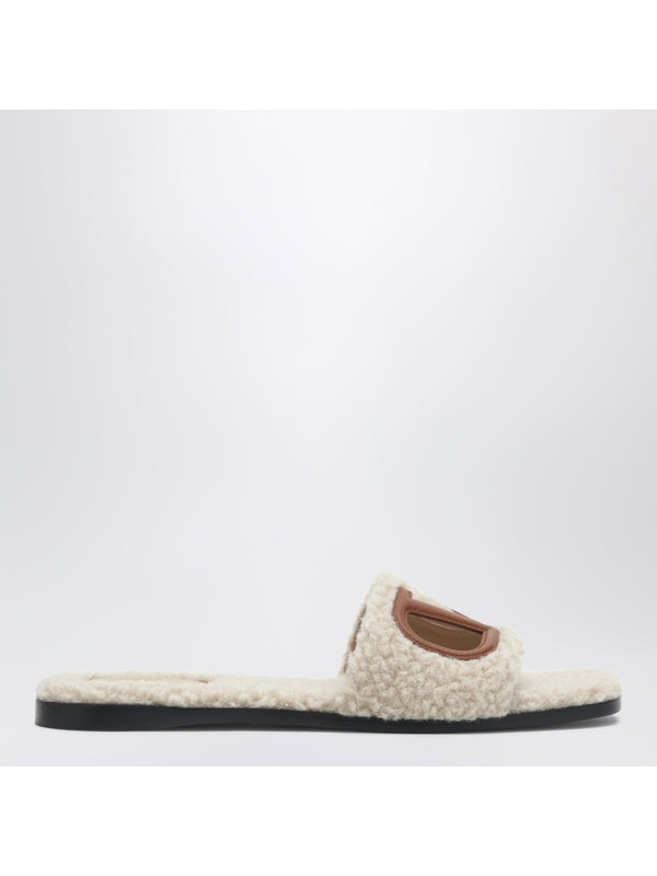 V Logo Cutout Shearling Slide