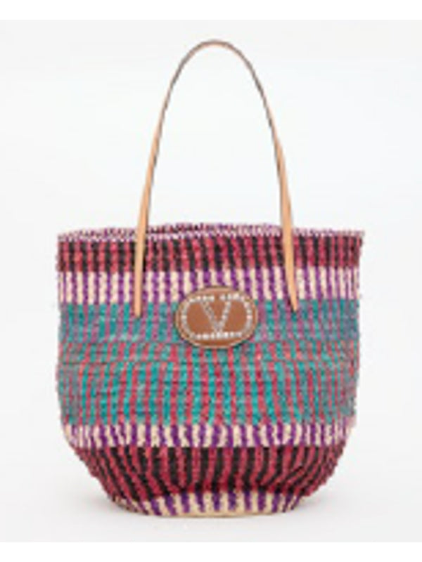 V Logo Patch Raffia Tote Bag