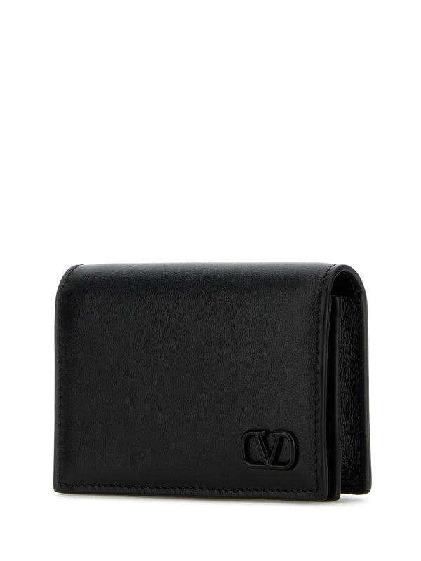 V Logo Leather Flap Card Wallet