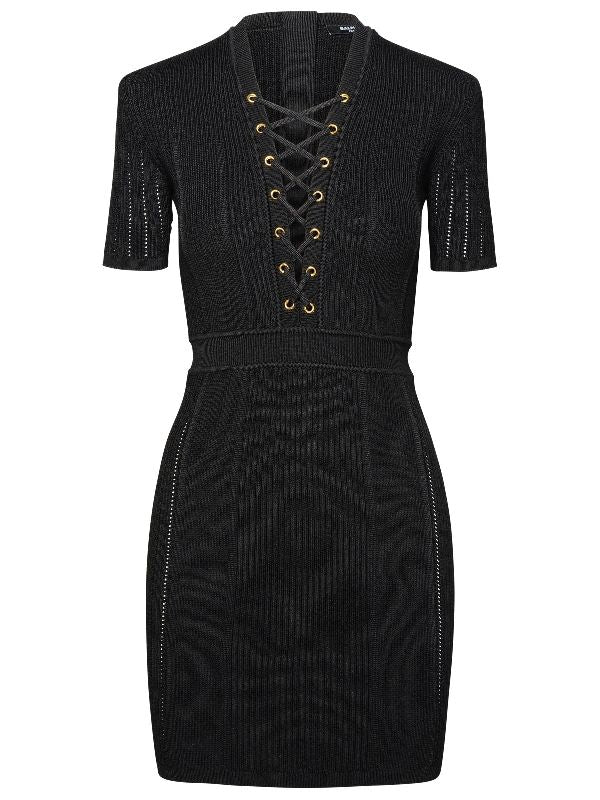 V-neck Lace-up Rib Dress