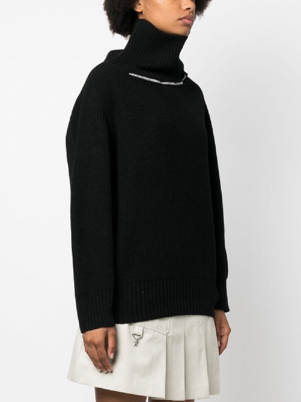 Zipper Detail High Neck Wool Knit