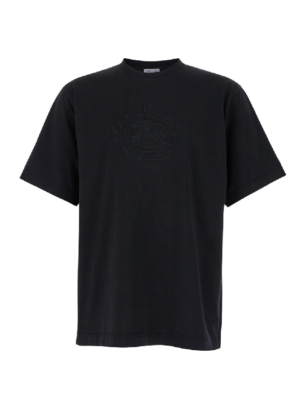 Black Boxy T-Shiirt with Tonal Equestrian Knight Embroidery in Cotton Man Half Sleeve