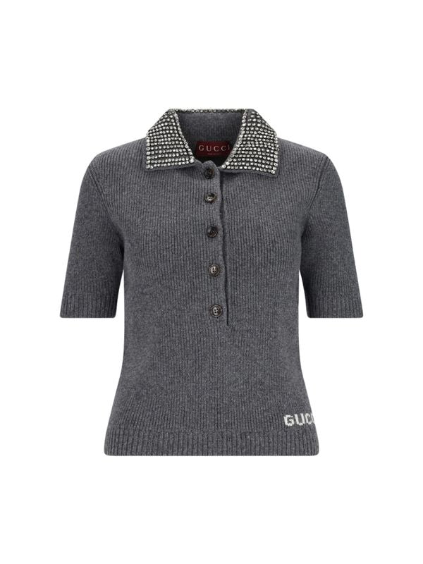 Crystal Detail Wool Knit Polo Shirt