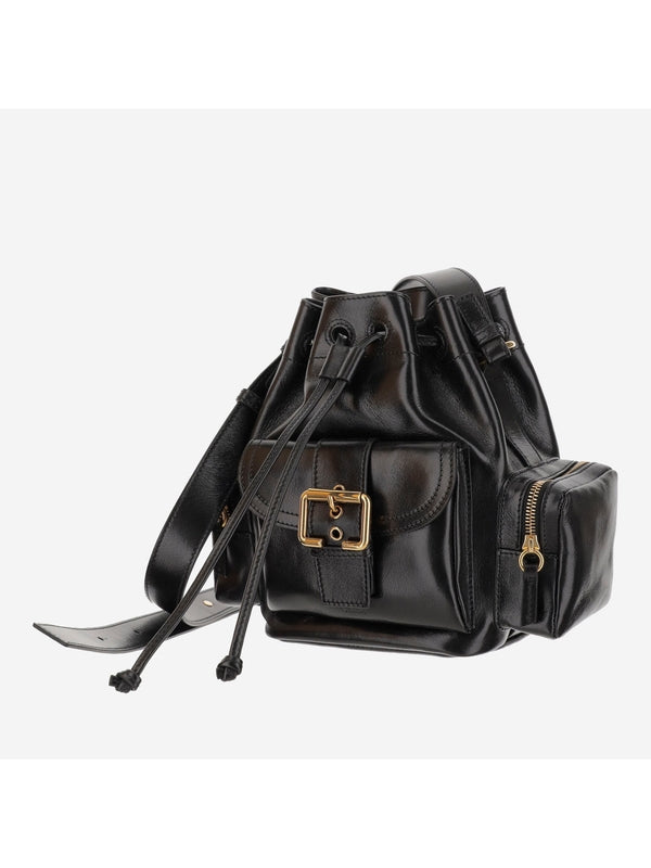 Camera Pocket Leather Bucket Bag