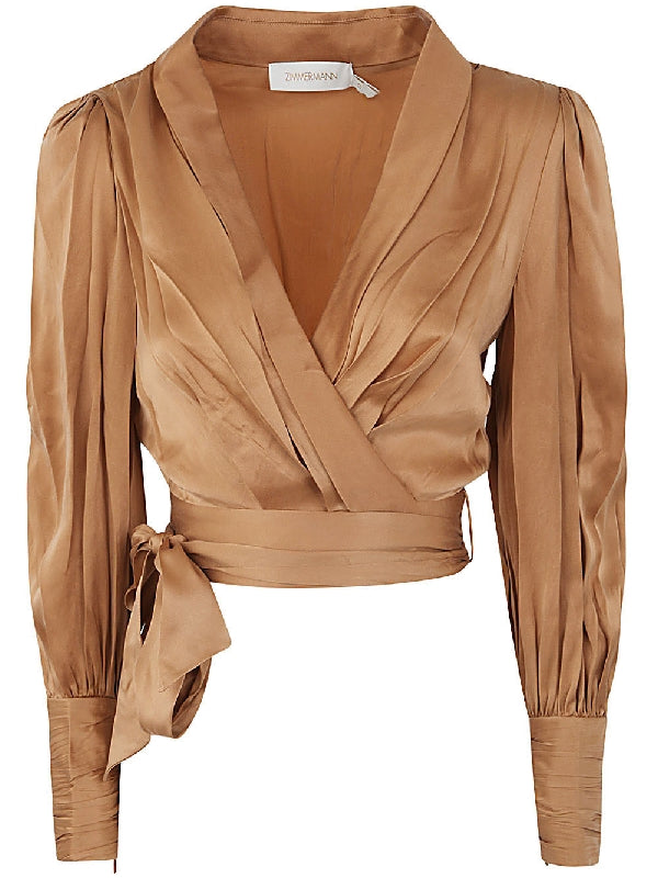 Brown Silk Crop Wrap Blouse