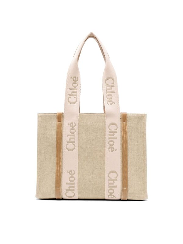 Woody Logo Linen Medium Tote Bag