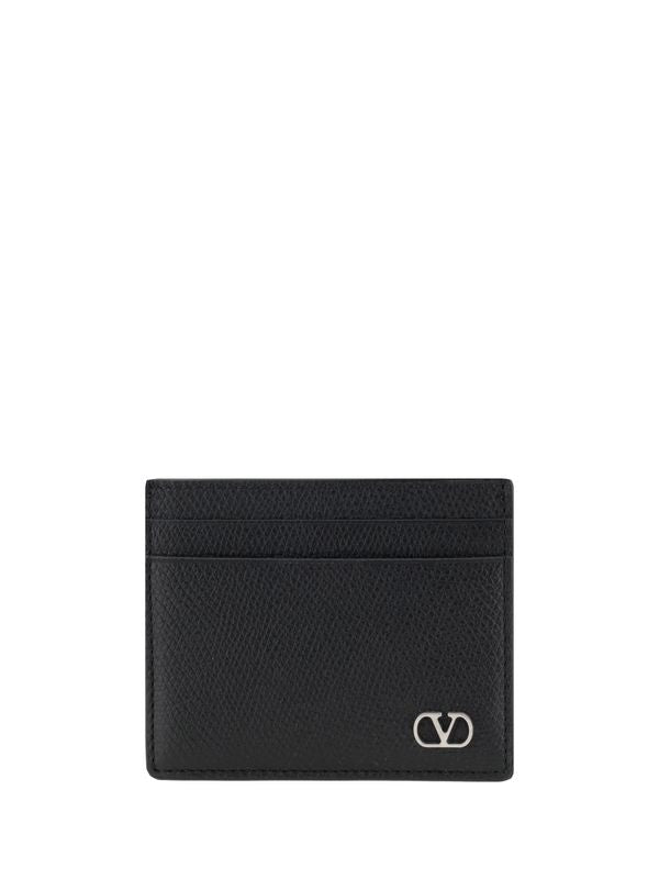 V Logo Leather Card Wallet