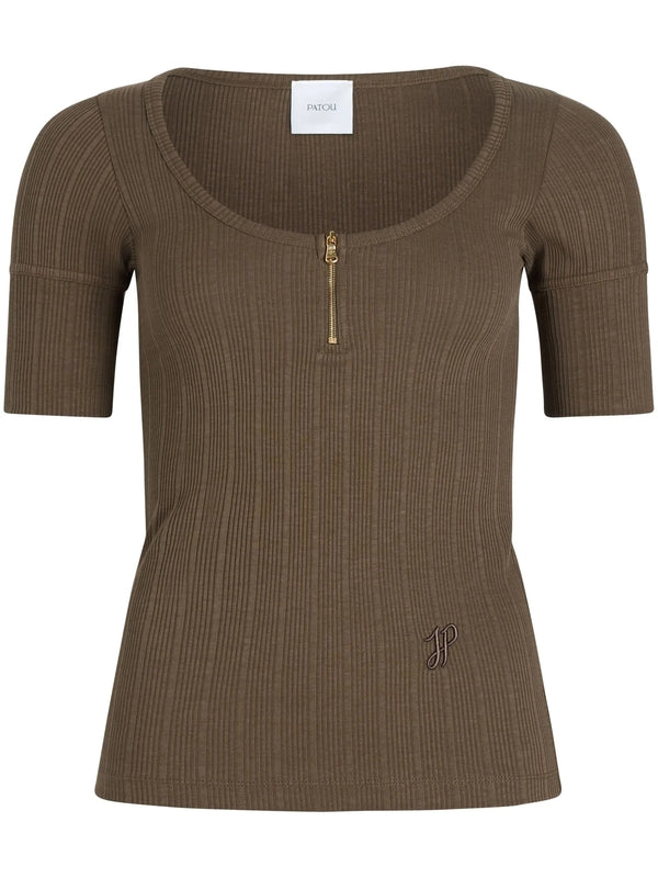 Half Zip Ribbed Cotton Short Sleeve Knit