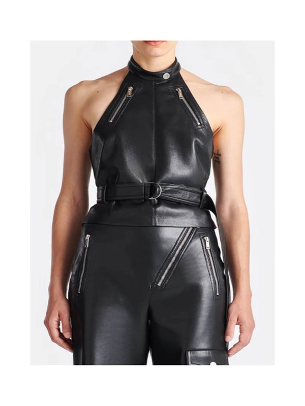 Zipper Detail Leather Sleeveless Top