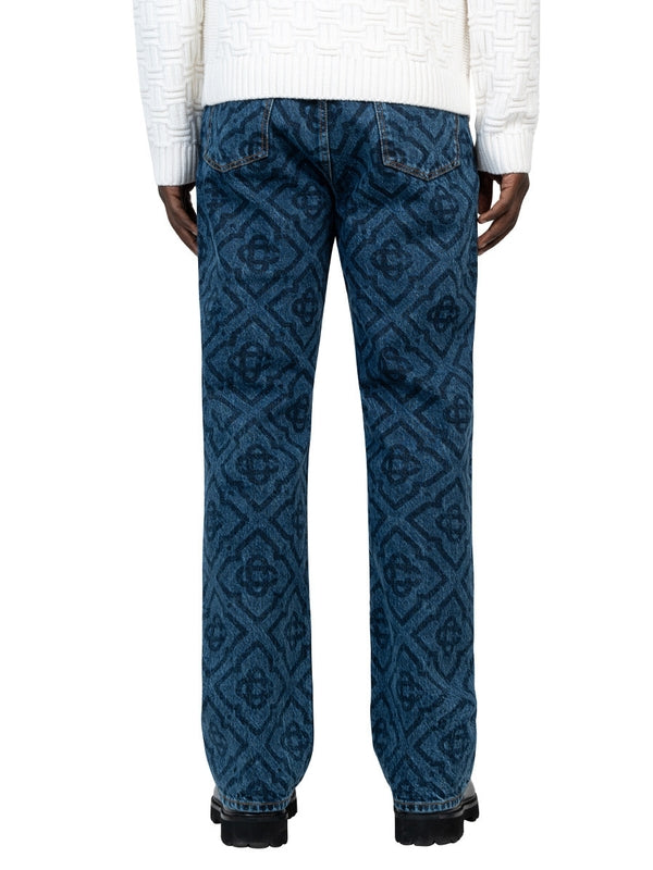 Allover Printed Cotton Denim Pants