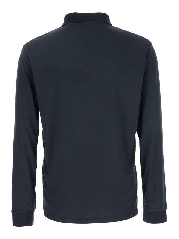 'Goris' Blue Polo Shirt with Classic Collar and Long Sleeves in Tech Fabric Stretch Man Polo Shirts