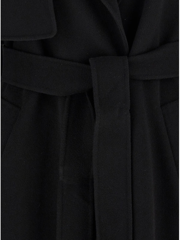 'Fiore' Black Double-Breasted Coat with Wide Notched Revers and Belt Closure in Wool Woman Coats