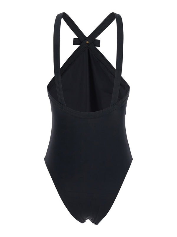 Black One-Piece Swimsuit with Medusa Head Detail in Tech Fabric Woman Beachwear