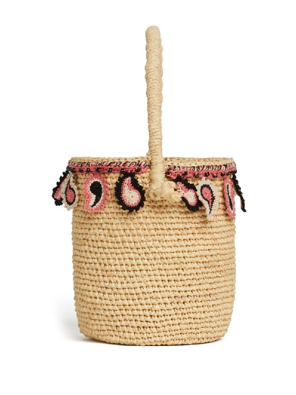 Paisley Applique Raffia Basket Bag