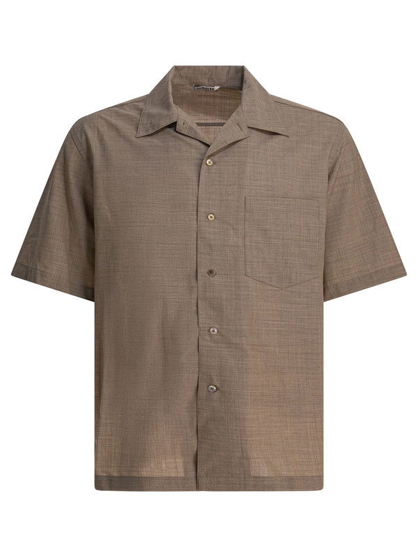 Auralee Super Fine Tropical Wool Open Collar Brown Short Sleeve Shirt