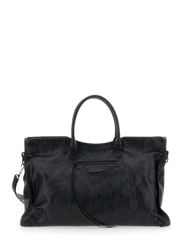 'Le City' Black Handbag with Adjustable and Removable Shoulder Strap in Arena Leather Man Tote Bags