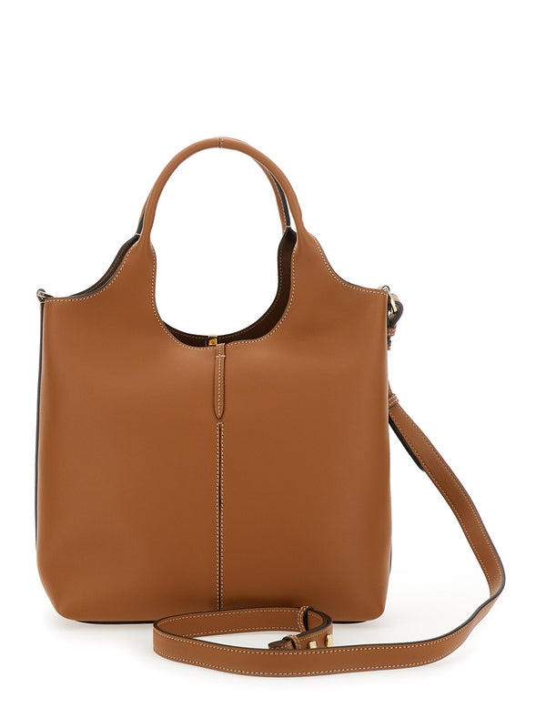 Brown Shoulder Bag with Metal Bar with Logo in Leather Woman Tote Bags