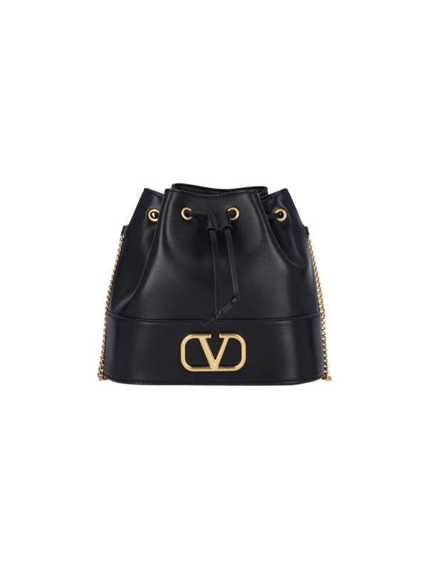 V Logo Leather Chain Bucket Bag