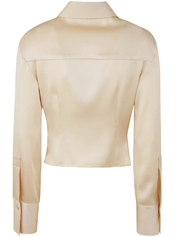 Satin Cowl Neck Decorated Crop Shirt