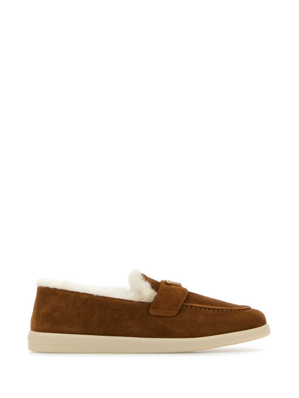 Triangle Logo Shearling Suede Loafers