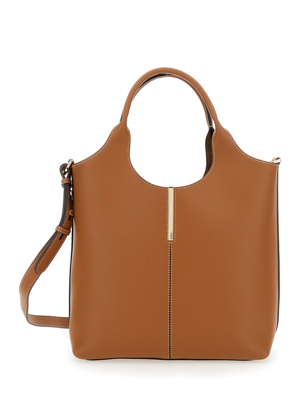 Brown Shoulder Bag with Metal Bar with Logo in Leather Woman Tote Bags