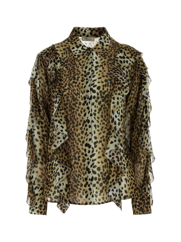 Leopard Printing Ruffle Shirt