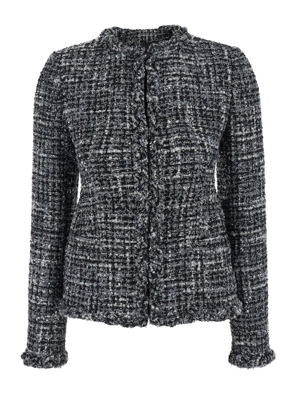 Black and White Jacket with Concealed Closure in Tweed Woman Jackets