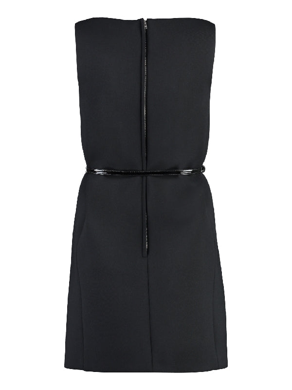 Wool Blend Horsebit Buckle Belted Dress