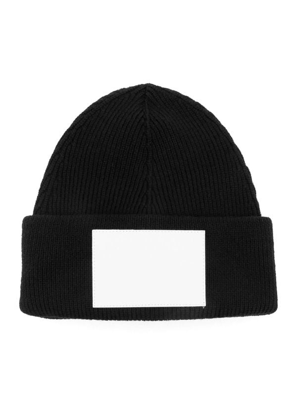 Leather Patch Ribbed Wool Blend Beanie