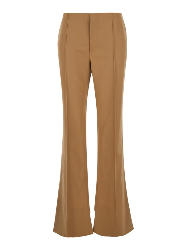 Beige Flared Pants with Asymmetric Hem in Grain de Poudre Wool Woman Trousers