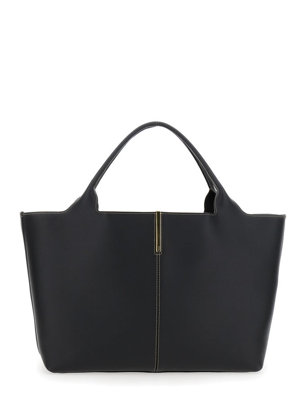 Black Shopper with Two Top Handles and Metal Bar with Logo in Leather Woman Tote Bags