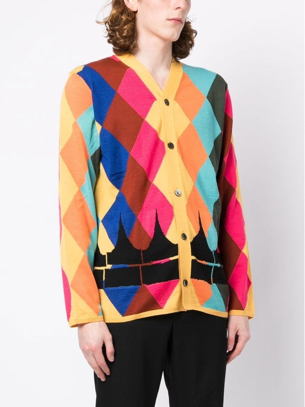 Diamond Color Pattern V-Neck Wool Cardigan