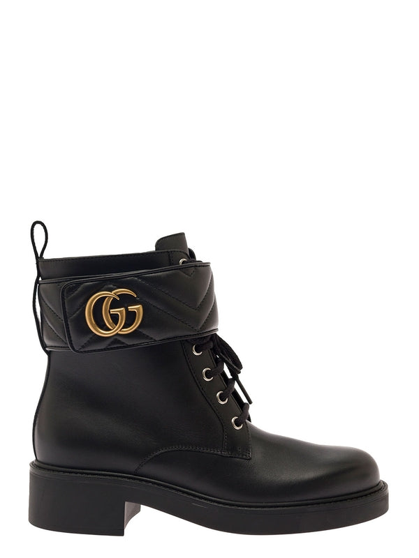 Black Ankle Boot with Double 'G' and Textured Hardware in Leather Woman Lace-Up Boots