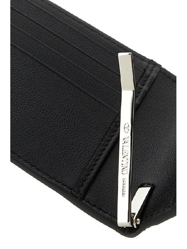 V Logo Leather Money Clip Wallet