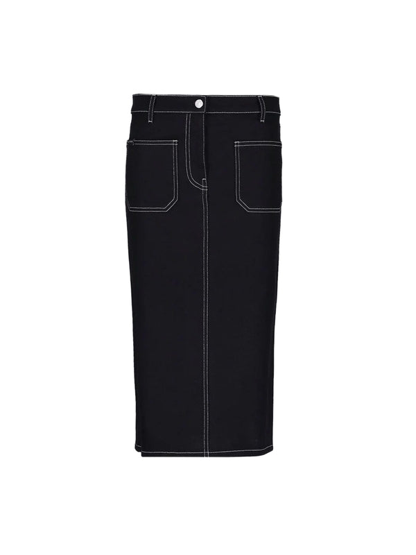 Black Cotton Midi Denim Skirt