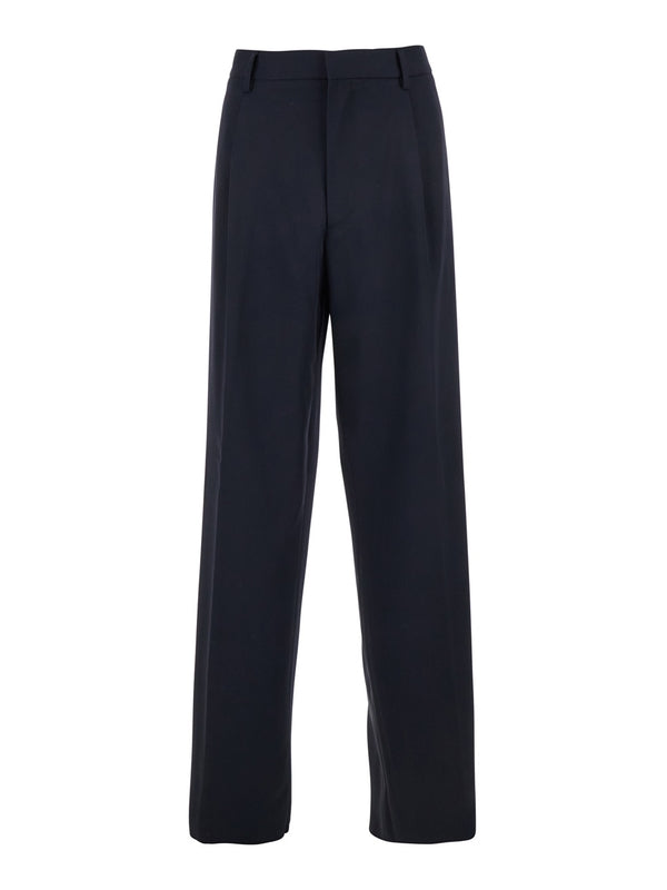 Blue Tailored Pants with Pleated Details in Wool Man Trousers