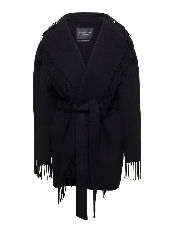 Tie Waist Fringe Wool Coat