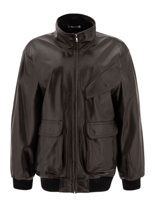 High-neck Zip-up Leather Jacket