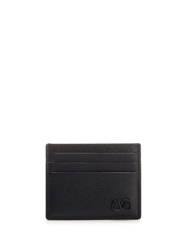 V Logo Leather Card Wallet