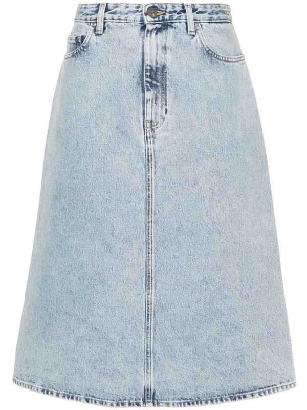 Back Leather Patch Denim Midi Skirt