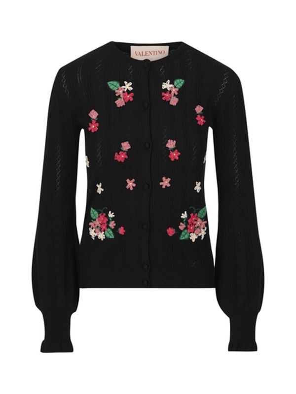 Flower Embroidered Wool Cardigan