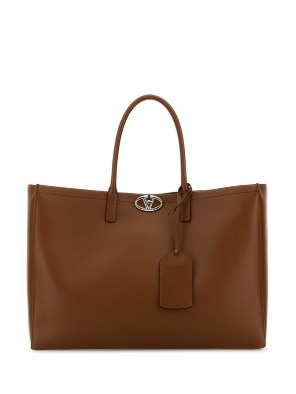 V Logo Leather Tote Bag